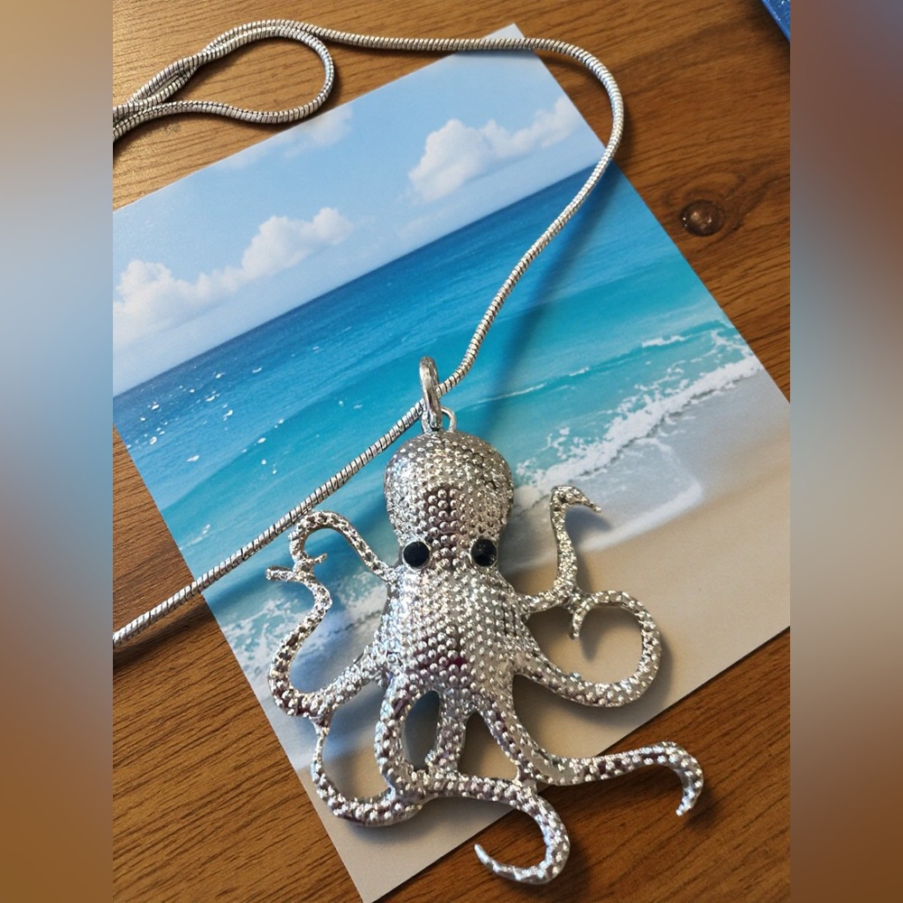 Shiny Silver Toned Octopus Pendant Necklace with Rhinestone Eyes - Picture 5 of 17